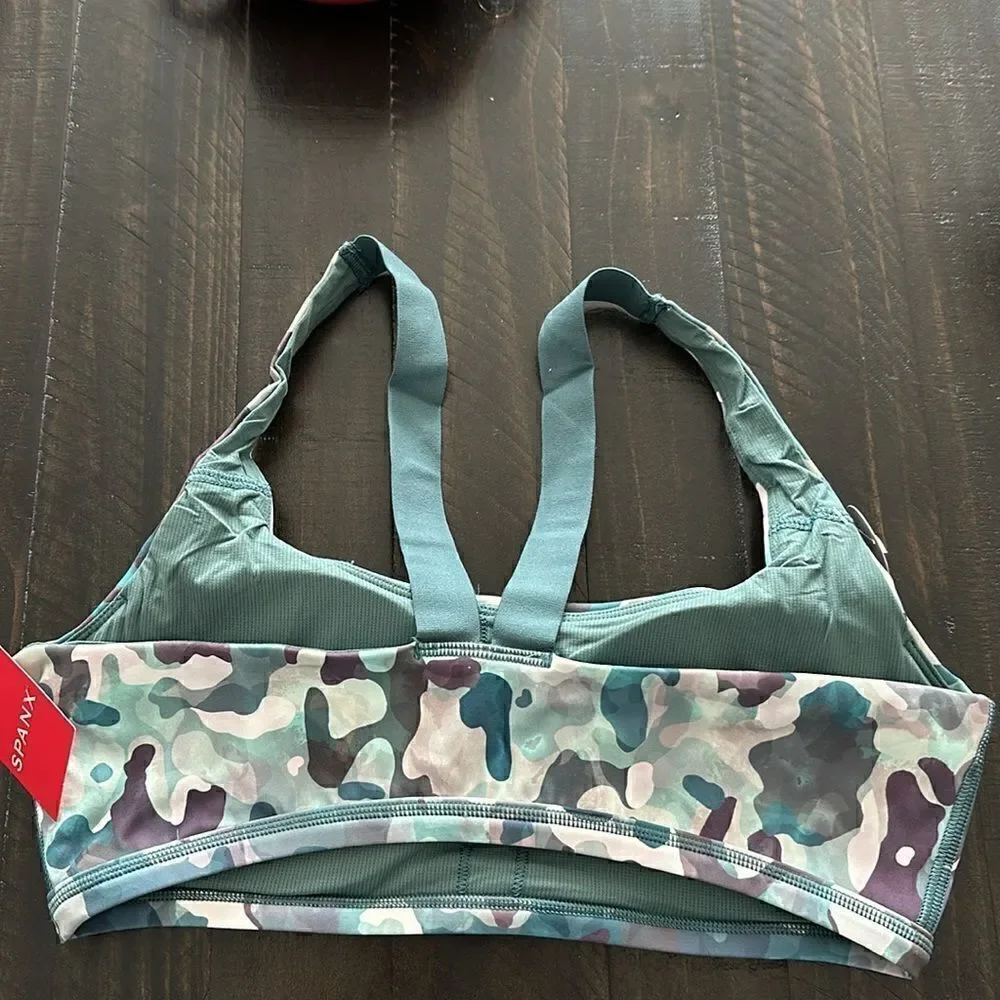 NWT Spanx Printed Low Impact Sports Bra M Camouflage Green Padded Slip On Low